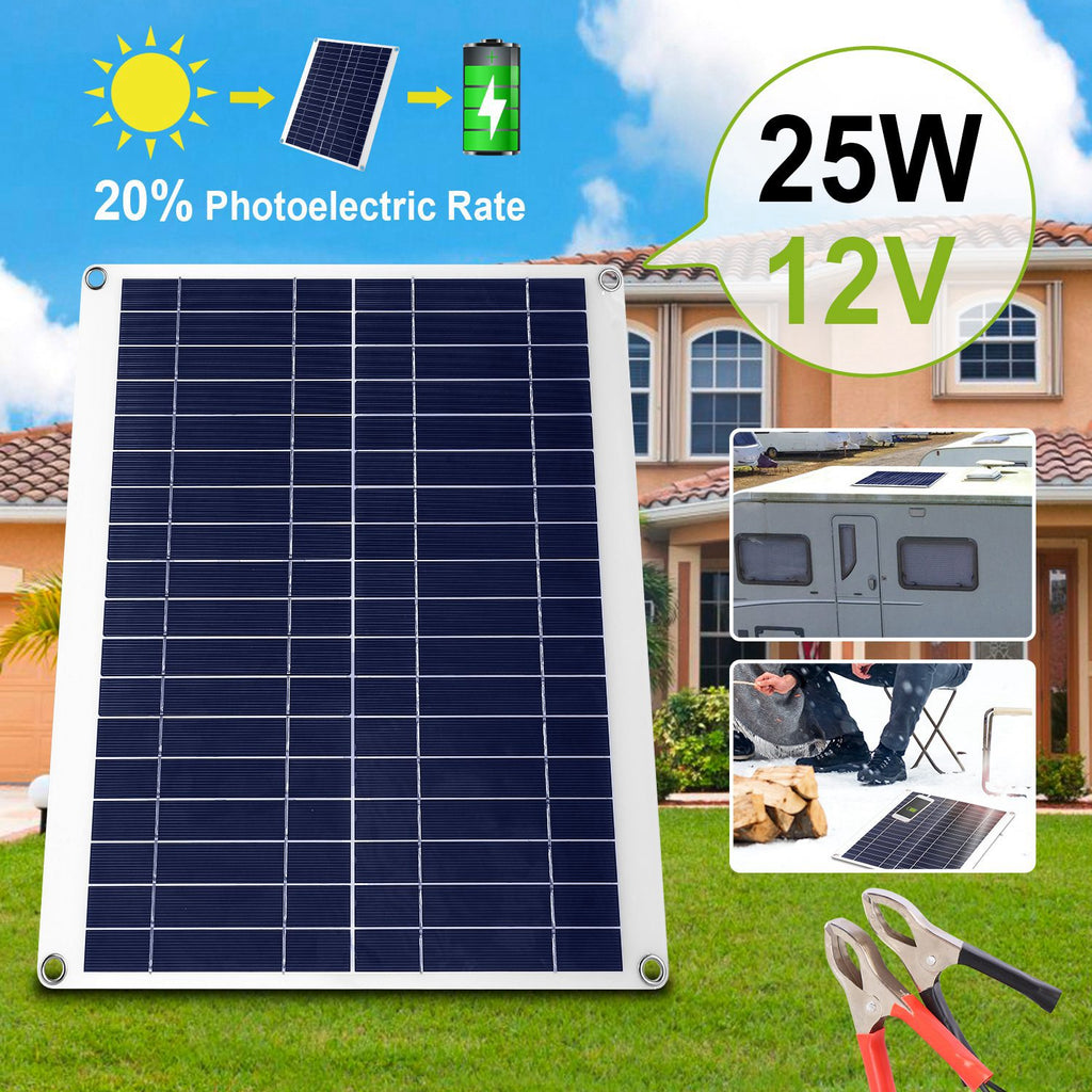 1 Panel Solar Exterior de 12V y 25W, Cargador de Batería para Automóvil, Impermeable IP68, con Cable de Carga Dual USB de 3.0A y Pinzas; para RV, Automóviles y Embarcaciones.