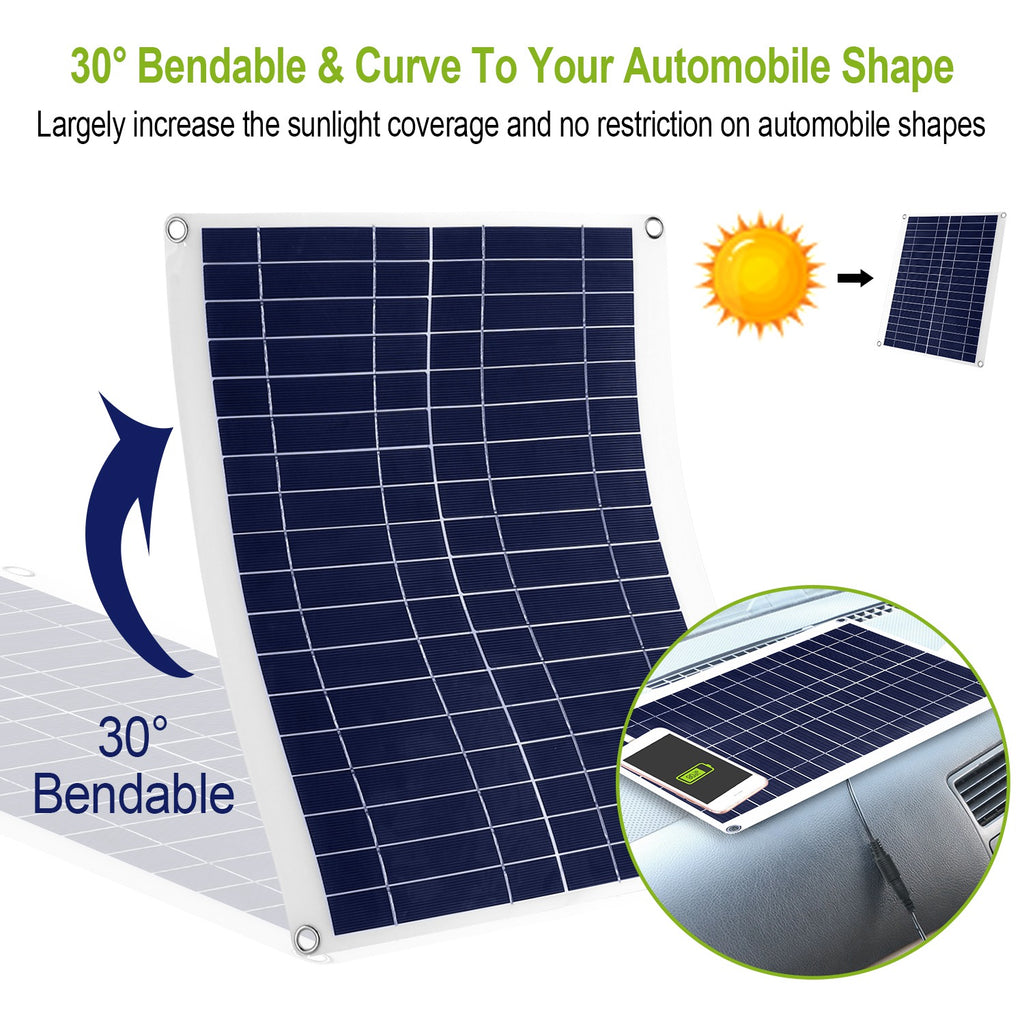 1 Panel Solar Exterior de 12V y 25W, Cargador de Batería para Automóvil, Impermeable IP68, con Cable de Carga Dual USB de 3.0A y Pinzas; para RV, Automóviles y Embarcaciones.