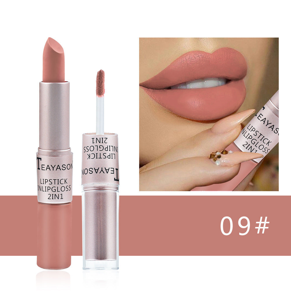 Brillo labial mate de doble punta y acabado antiadherente