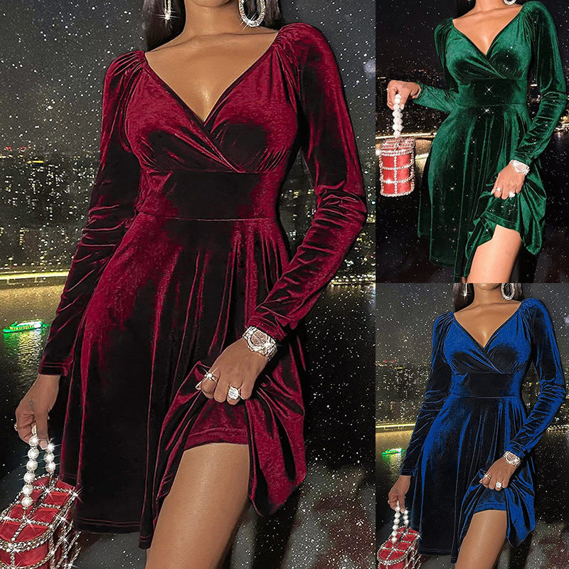 Vestido de manga larga y cuello en V para el Festival de Otoño y Navidad