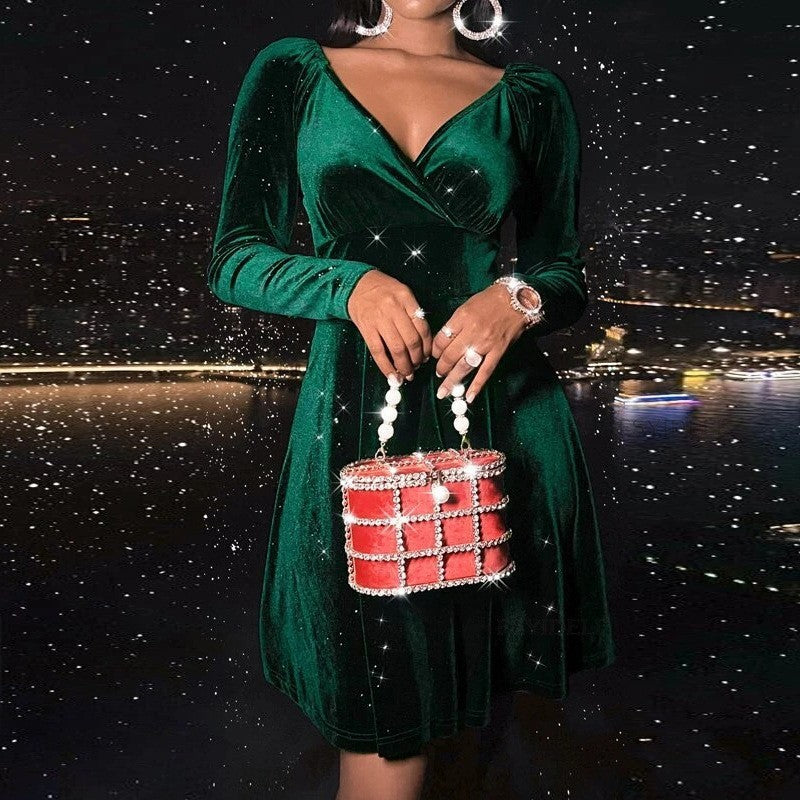 Vestido de manga larga y cuello en V para el Festival de Otoño y Navidad