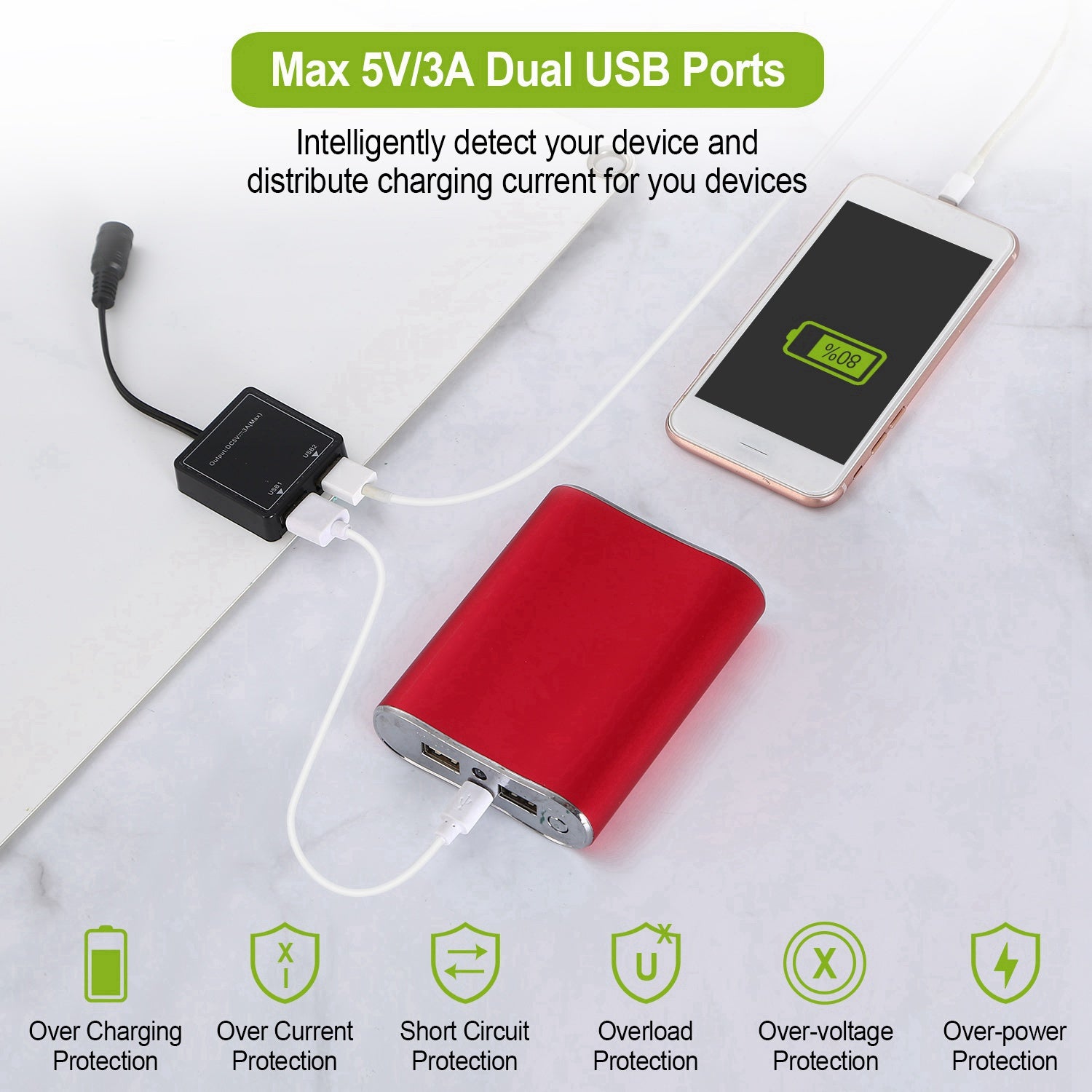 1 Panel Solar Exterior de 12V y 25W, Cargador de Batería para Automóvil, Impermeable IP68, con Cable de Carga Dual USB de 3.0A y Pinzas; para RV, Automóviles y Embarcaciones.