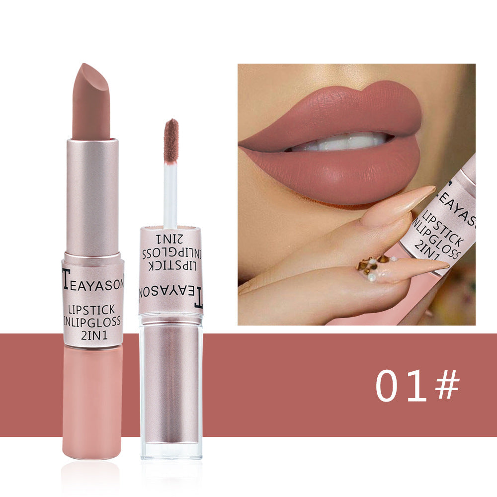 Brillo labial mate de doble punta y acabado antiadherente