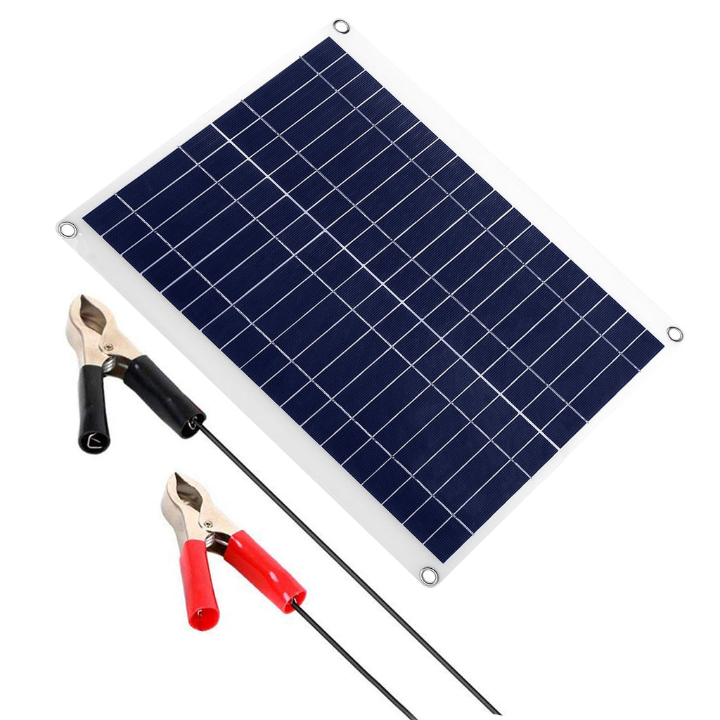 1 Panel Solar Exterior de 12V y 25W, Cargador de Batería para Automóvil, Impermeable IP68, con Cable de Carga Dual USB de 3.0A y Pinzas; para RV, Automóviles y Embarcaciones.