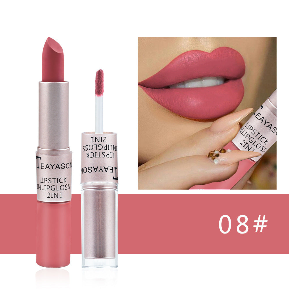 Brillo labial mate de doble punta y acabado antiadherente