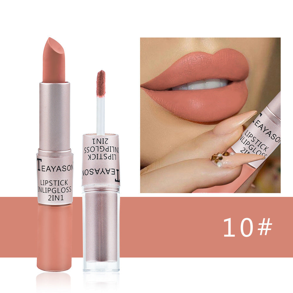 Brillo labial mate de doble punta y acabado antiadherente