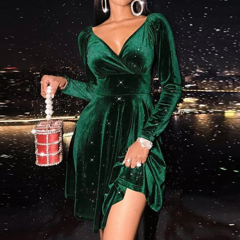 Vestido de manga larga y cuello en V para el Festival de Otoño y Navidad