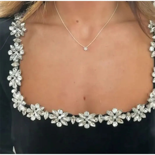 Christmas Elegant Square Neck Long-sleeved Dress With Flowers Rhinestone Design Fashion A-line Short Dresses Spring Clothing For Women