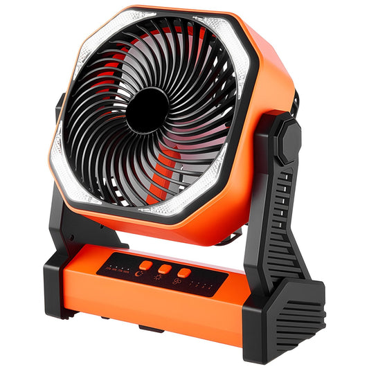 8 Inch Rechargeable Camping Fan, Battery Operated With Light & Charging, 4 Speed Portable Outdoor Desktop Fan, 270-degree Manual Tilt For Tent, RV, Car, Travel, Jobsite & Hurricane Power Outages