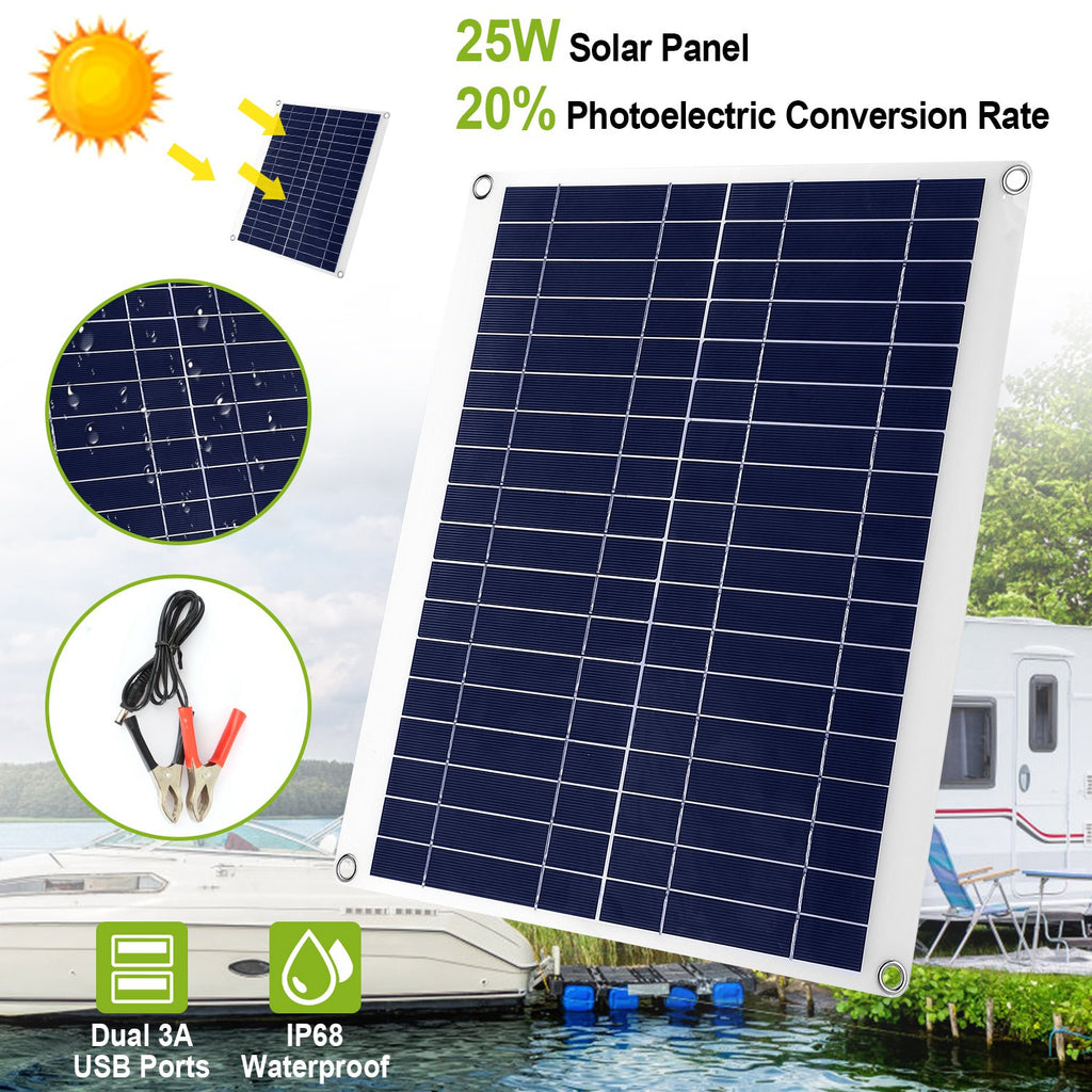1 Panel Solar Exterior de 12V y 25W, Cargador de Batería para Automóvil, Impermeable IP68, con Cable de Carga Dual USB de 3.0A y Pinzas; para RV, Automóviles y Embarcaciones.