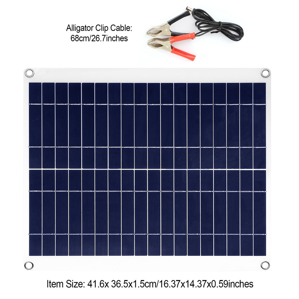 1 Panel Solar Exterior de 12V y 25W, Cargador de Batería para Automóvil, Impermeable IP68, con Cable de Carga Dual USB de 3.0A y Pinzas; para RV, Automóviles y Embarcaciones.